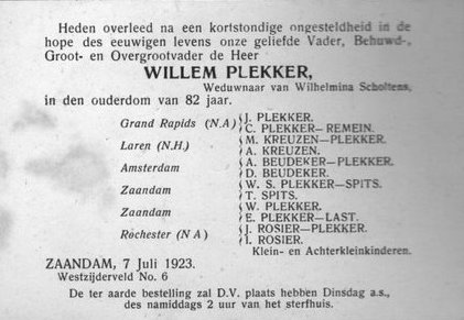 Overlijdens circulaire van Willem Plekker, 7 juli 1923 